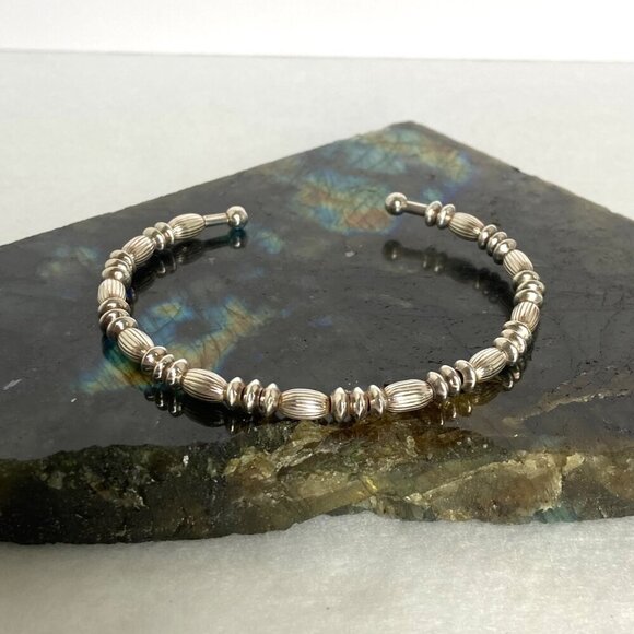 Sterling Silver 925 Italy Ball Beaded Flexible Cuff Bracelet Sz 6.75" - Picture 1 of 16